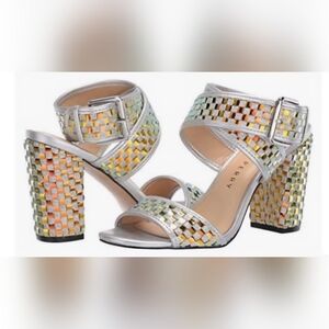 Katy Perry Collections "The Shana" Silver Multicolor Woven Block Heel Sandals